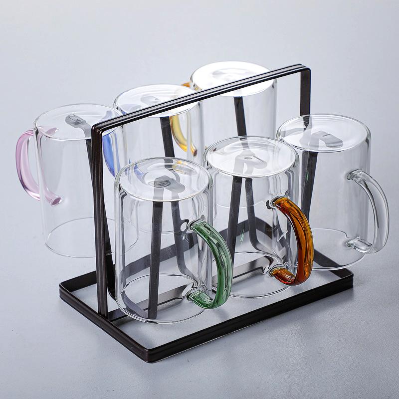 Home six-color water cup holder set, transparent high borosilicate heat-resistant glass, fireplace making tea water cup