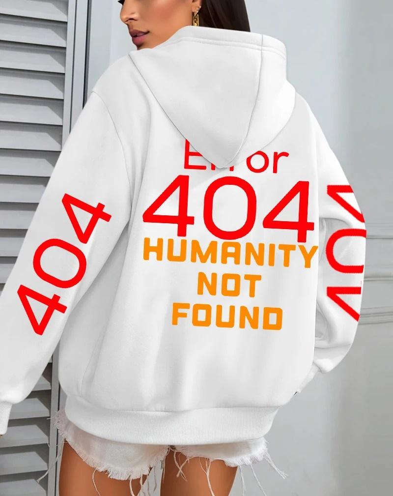 Women's Autumn Loose Fleece Hoodie with 'Error 404' Letter Print and Pocket