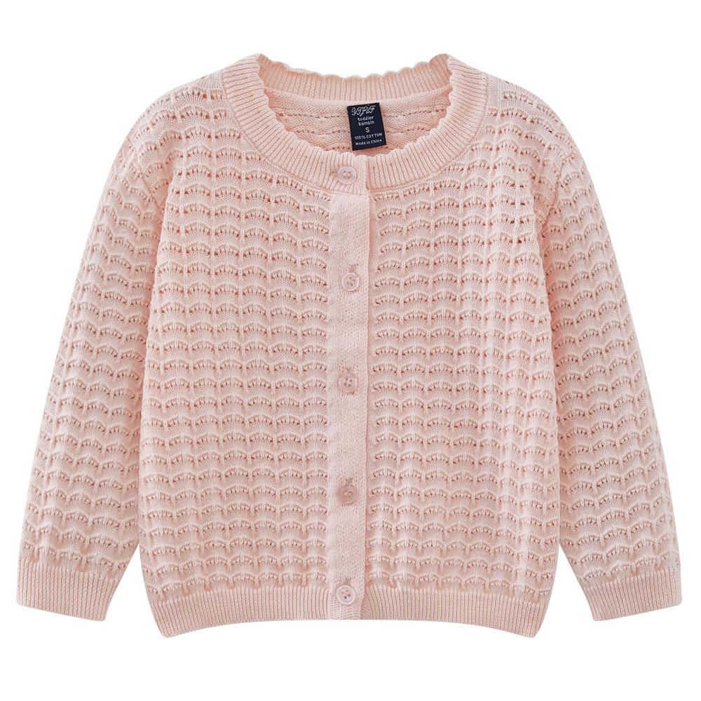 Girls' Knitted Cardigan Spring and Autumn Thin Hollow Children's Sweater Long Sleeve Pure Cotton Top Coat Stylish