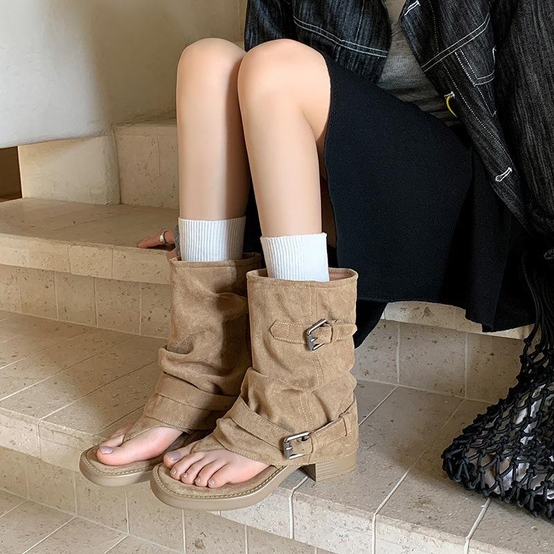 Spot~ Open-toed flip-flops summer cool boots square head flat bottom inner heightening pile boots western cowboy boots