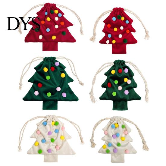 Soft Fabric Party Favors Christmas Tree Drawstring Gift Bag, Plush Pom Bell Hanging Cute Fur Ball Ornaments Ornament, Reusable Candy Pouch Decor