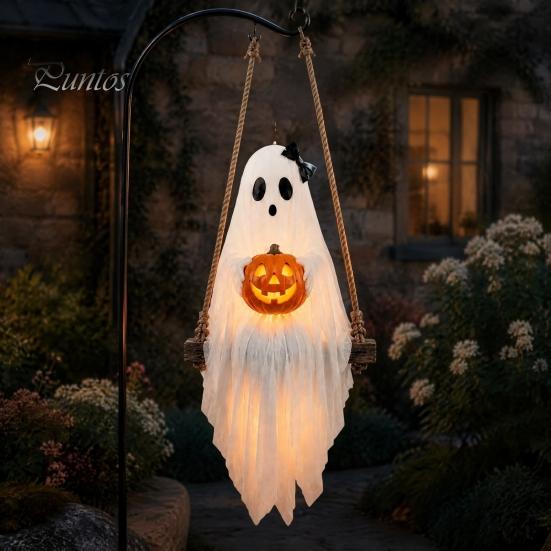 Holiday Home Atmosphere Enhancers Halloween Lighted Ghost Swing with Glowing Pumpkin, Hanging Spooky Decor Decorative Props for Festivals Porch Yard,