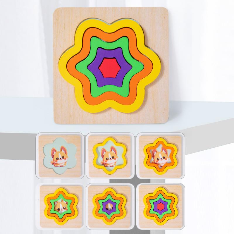 Holz Geometrische Bunte Puzzles 3D Formen Kognitionsbrett Montessori Puzzle Lernspielzeug für Kleinkinder Farbe Form Lernen