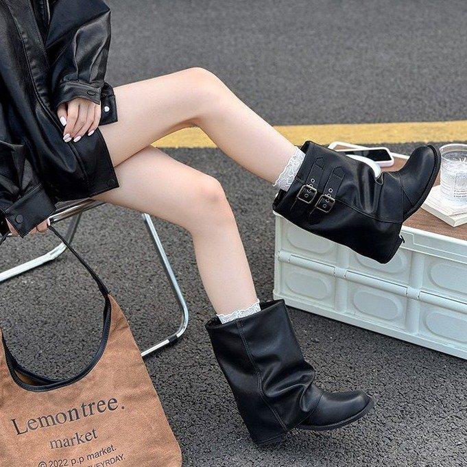 Boots Walking Fenghua~ Pleated Pile Boots Women's 2025 New Black Maillard Medium Boots Western Boots Locomotive Boots