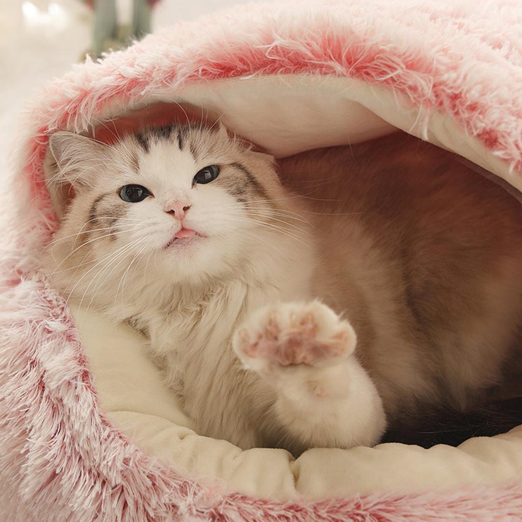 Yuvarlak Kapşonlu Kedi Yatağı Kış Tüylü Evcil Hayvan Yatağı Mağara Peluş Donut Sakinleştirici Kedi Yuvası Yatağı Kediler ve Köpekler için Rahat Evcil Hayvan Yuvası