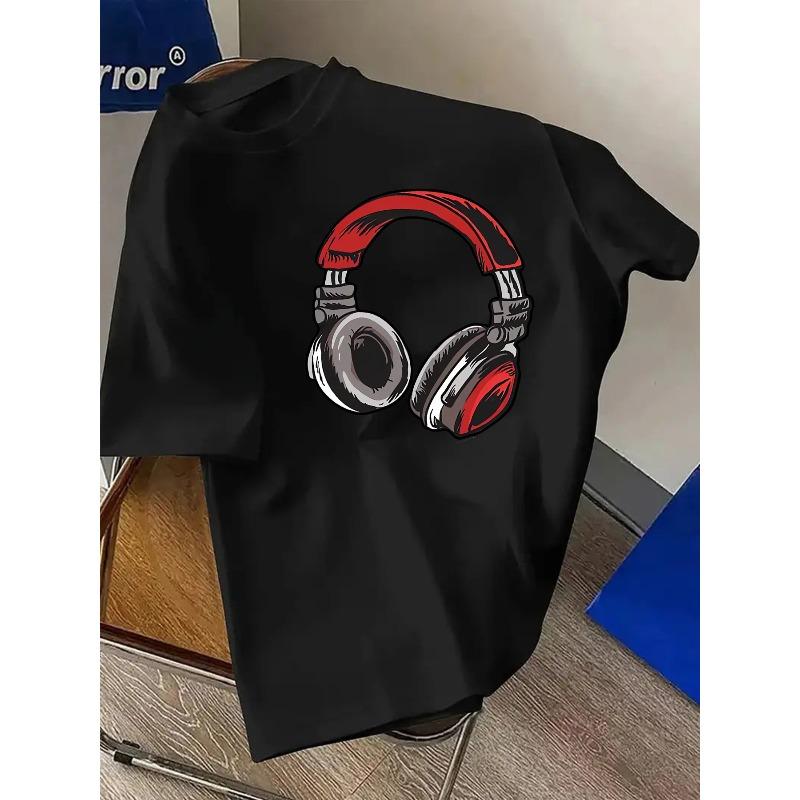 Men's T-Shirt Cotton Crew Neck Short Sleeve T-Shirt with Printed Headphone Design, Trendy Casual Top, Comfortable Summer Wear