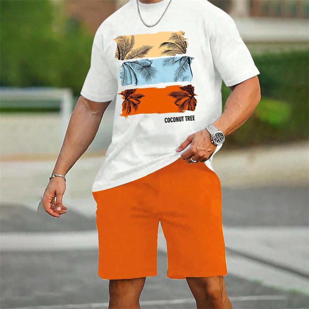 Summer Men's Short Sleeve Palm Tree Print Two Piece Drawstring Shorts Set Fashion Men's Vacation Beach Casual Suit
