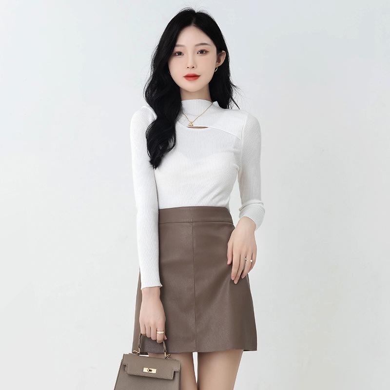 Hollow Out Inner Slim Fit Base Sweater for Women's Autumn and Winter Knitwear Top Semi High Neck Pullover Sweater