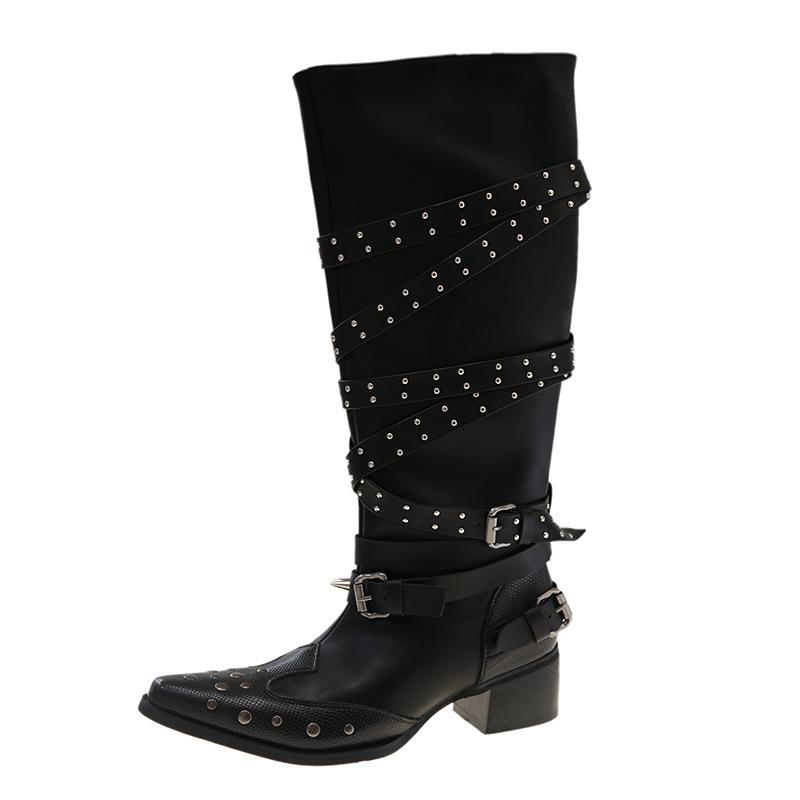 Fashion Rivet Pointed Toe Knight Belt Buckle Knee High Boots Plus Size Punk Chunky Middle Heel Women's Shoes Girls Western Cowboy Botas