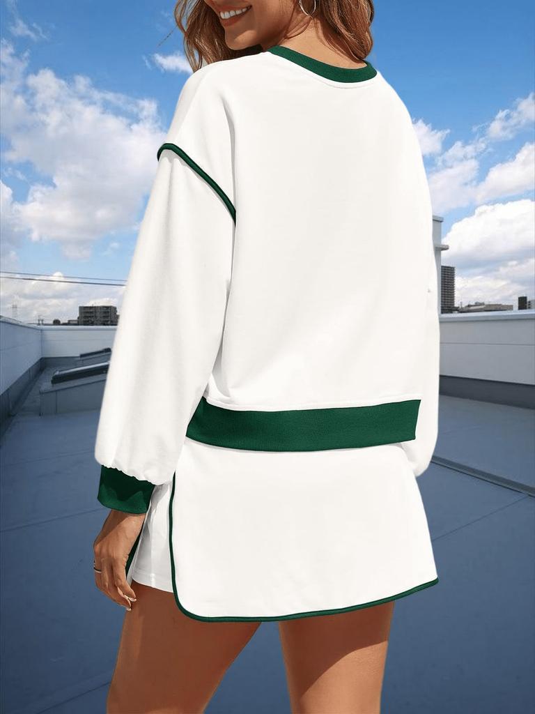 Women's Two Piece Oversized Crop Sweatshirt and High Waist Skirt Set Tennis Running Sport Outfit