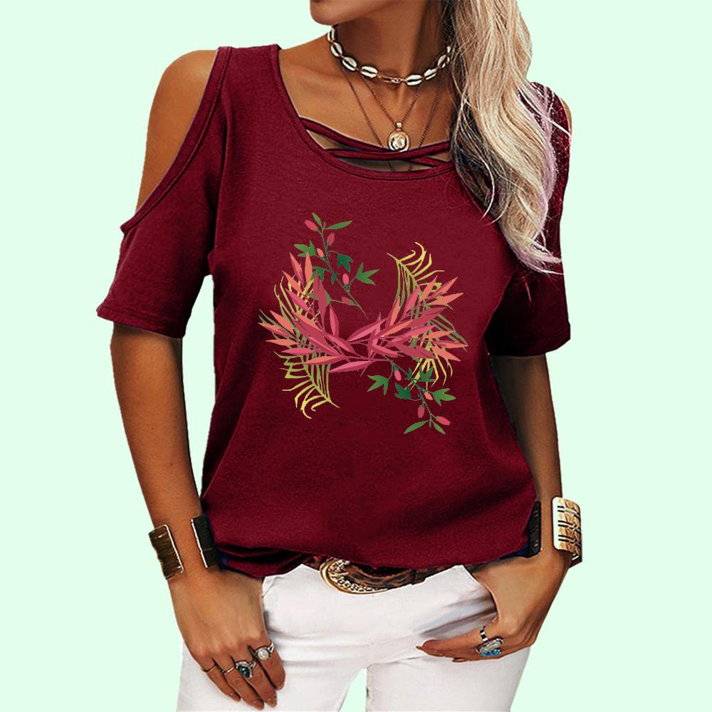 Women Fashion Round Collar Floral Print Tee Shirt Summer Pullover Off Shoulder Top Casual Short Sleeve T-shirt