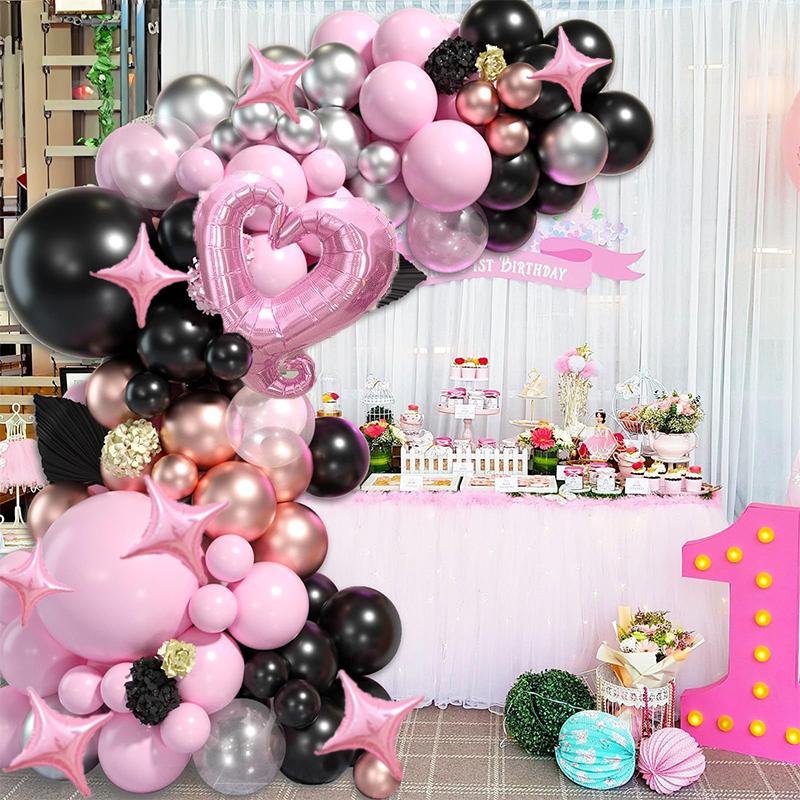 122pcs Metal Silver Black Pink Balloon Garland Set, Suitable for Valentine's Day, Birthday Party Wedding Background Decoration