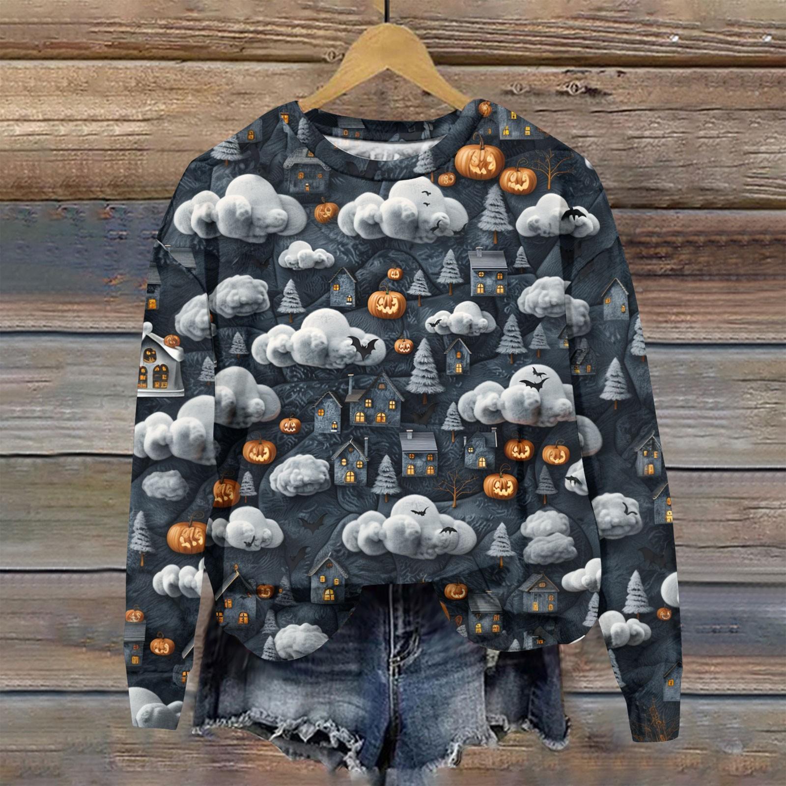 

Женский осенне-зимний топ с круглым вырезом и длинными рукавами, милый свитер-пуловер с принтом 3D на тему Хэллоуина XXL