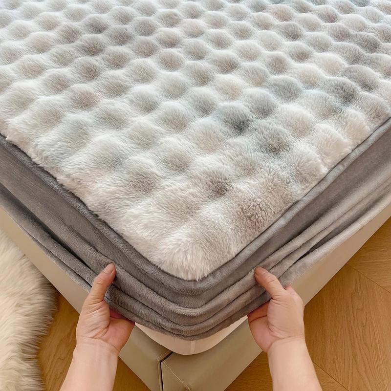 Warm Rabbit Plush Bedsheet Winter Thick Mattress Cover Milk Velvet Mattress Protective Cover Quality Velvet Bed Sheets For Home