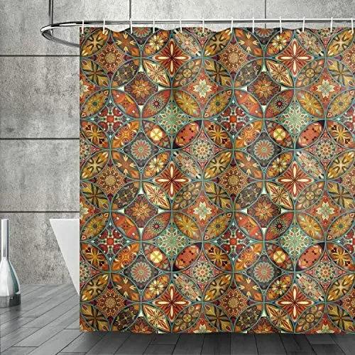 Mandala Boho Dusjforheng Fargerikt Blomstermønstret Baderomsforheng for Hjem Badekar Dekorasjon Vanntett Polyesterstoff med Kroker