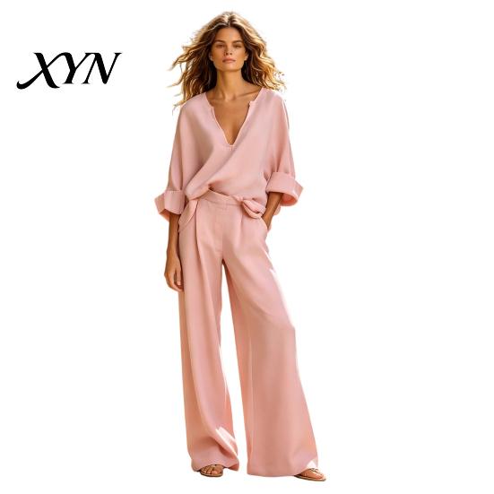 Casual Two-piece Outfit Women's 2 Piece Cotton Linen Set, Long Sleeve V Neck Blouse Spring Autumn Women Wear And Wide Leg Pants Matching Summer