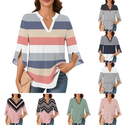 Womens Tops 3/4 Tiered Bell Sleeve V Neck Stripes Printed  Blouses Work Tunic Shirts