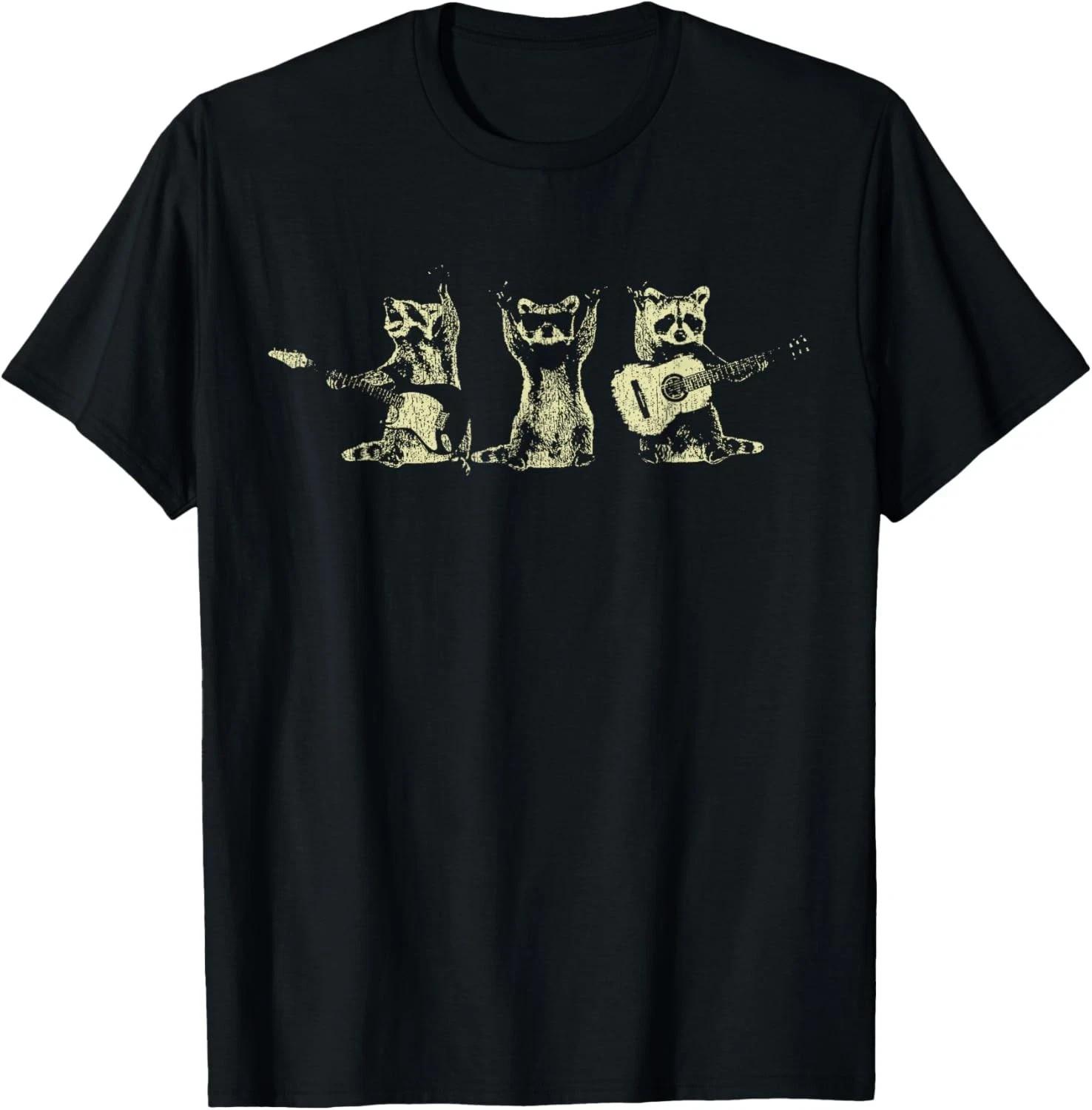 Funny Raccoon Band T-Shirt Electric Acoustic Guitar Music Tee S разноцветный