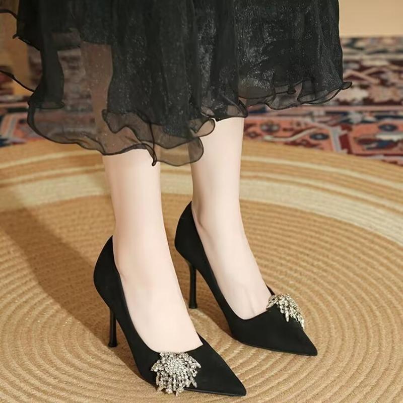 Fashion Fall New Pointed Toe Shallow Suede Slip-on Non-slip Sequin Heels Temperament Stiletto