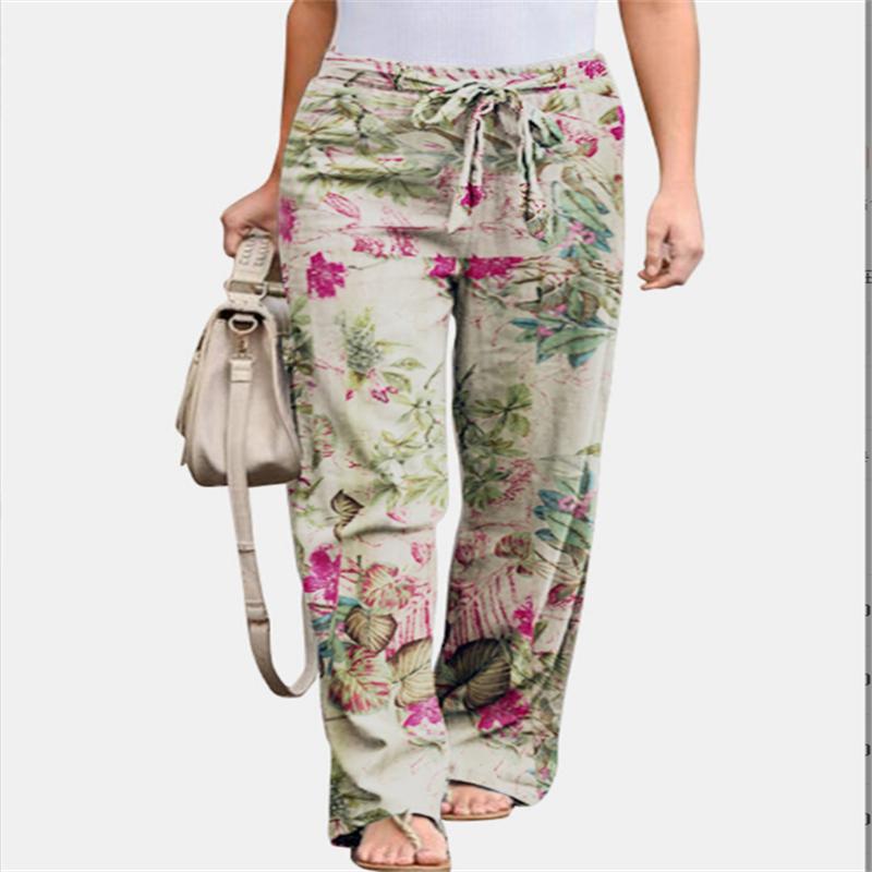 Bumbac Imprimat și In Casual Confortabil Talie Elastică Pantaloni Lungi cu Picior Larg pentru Femei