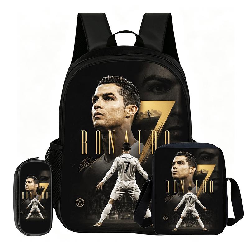 Ronaldo Student 3Pcs Set Backpack Kids School Shoulder Bag,Pencil Bags,Football Sport Bookbag Football Star Rucksack