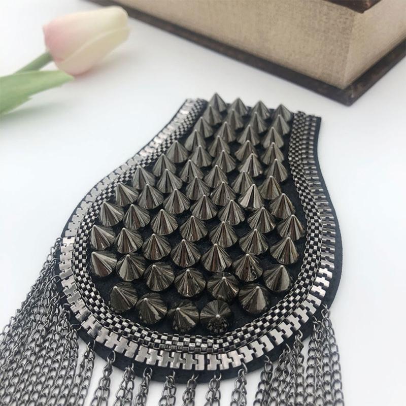 Sew-On Epaulette Shoulder Bar Accessory with Rivet Studs and Layered Metal Chain for Punk Theme Clothing Enhancement