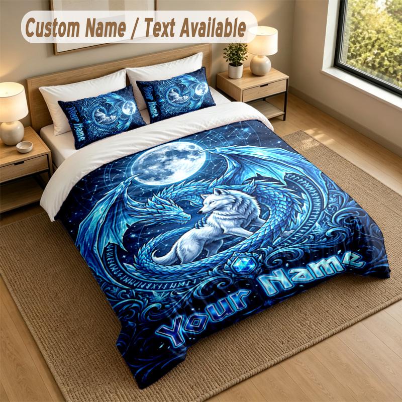Dragon Phoenix Theme Personalized 3Pcs Bedding Set Custom Text & Name 1 Sheet 2 Pillowcases Household Bedding 1pc