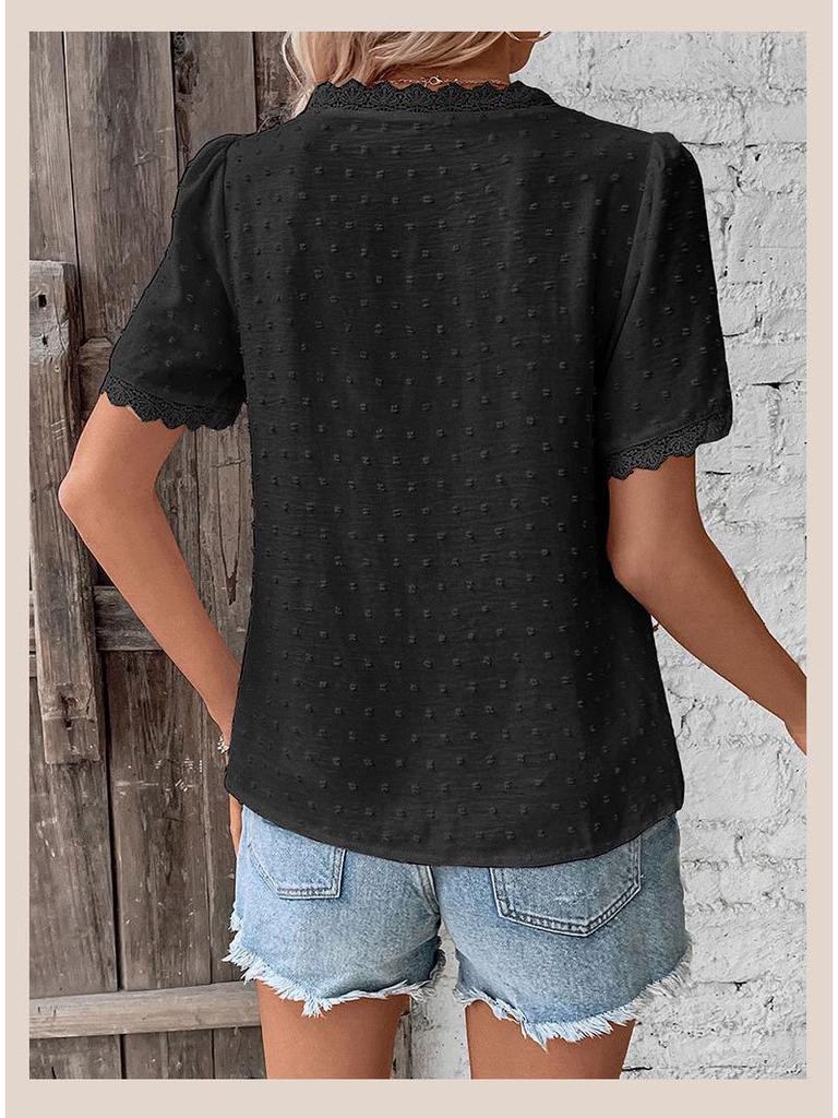 Summer Casual European & American Lace V-Neck Solid Color Women's Shirt