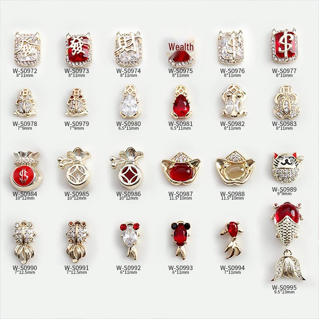 Festive Chinese Style Manicure: Lucky Bag Zirconia Ornaments with Golden Toad, Yuanbao, and Money Character Press-on Nails