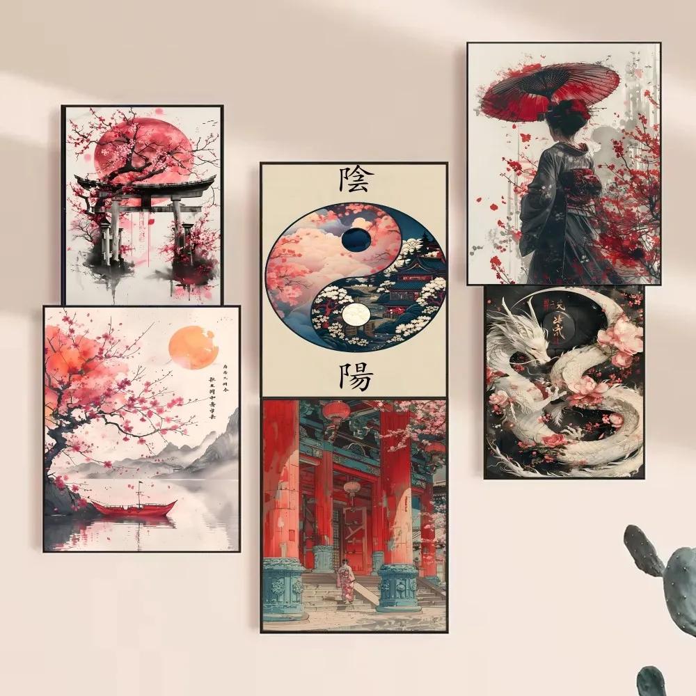 1pc RETRO Landscape Samurai Geisha Bonsai Torii Gate Sakura Poster HD Posters Home Room Bar Cafe Decor Art Wall Painting Picture