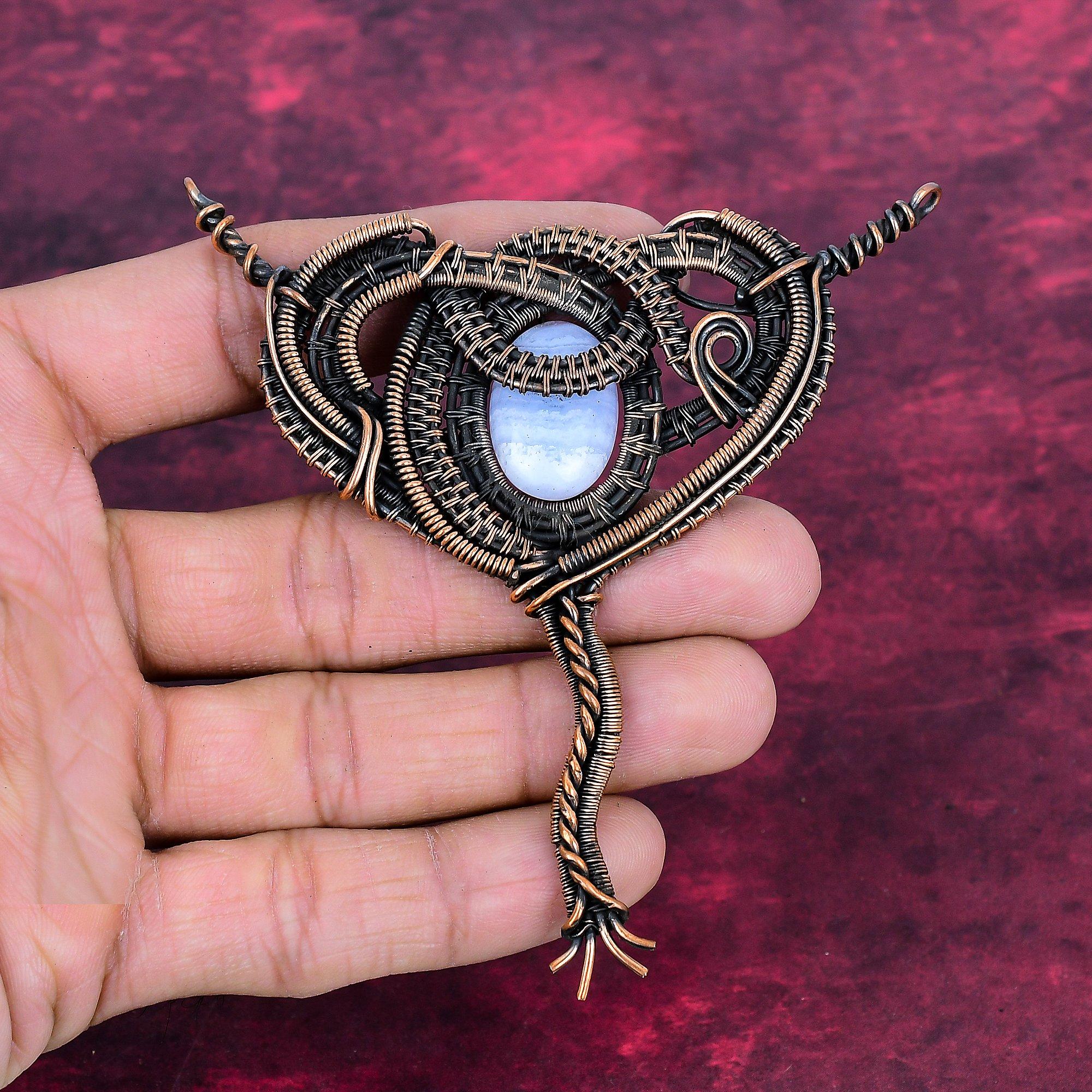 Blue Lace Agate Gemstone Pendant Handmade Copper Wire Wrapped Decent Pendant
