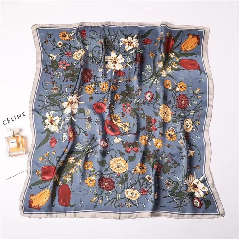 

New printed silk flower fashion small square scarf for women s spring and summer thin design, sun protection decoration ins silk серый