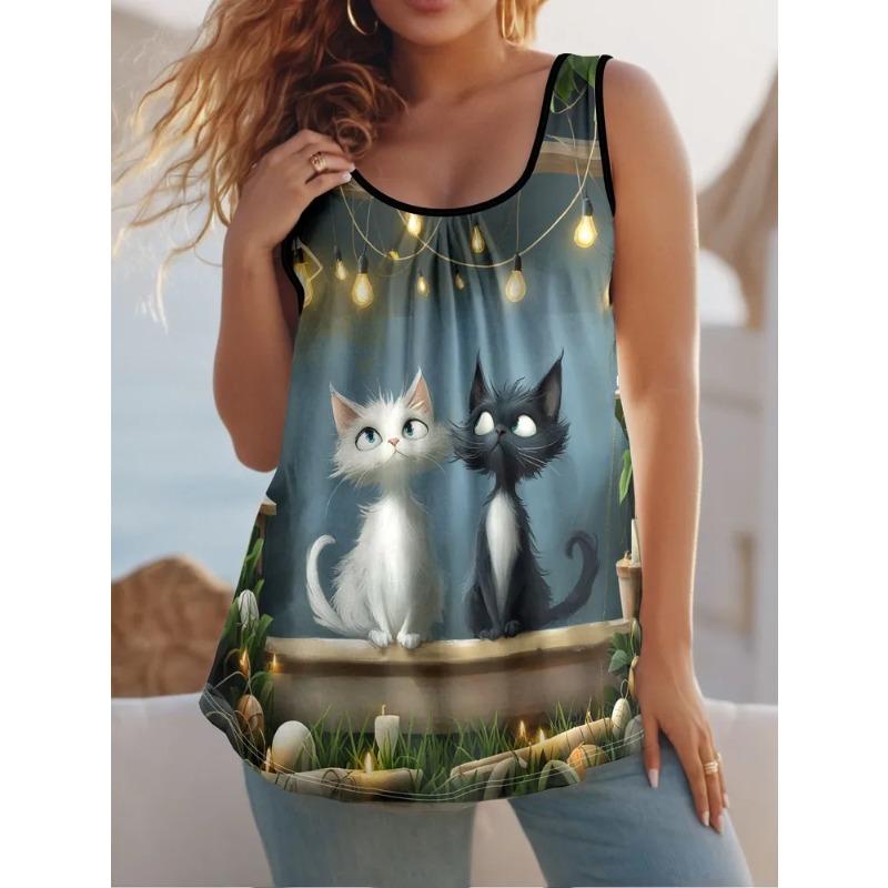 Cute Cat Prints Women's Sleeveless Vest Creative Colorful Leisure Loose Fashionable Comfortable Versatile Summer Vest