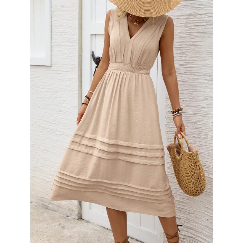 Solid Color V Neck Sleeveless Elastic Waist A Line Midi Casual Women Dress