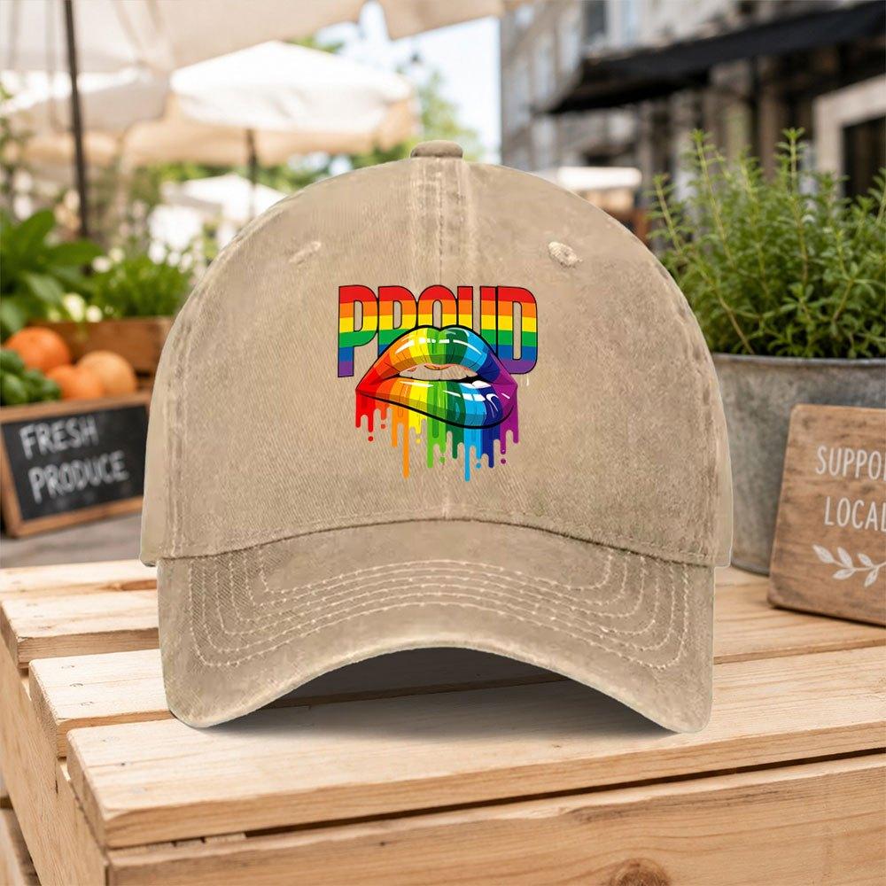 Rainbow Pride Lip Print Washed Baseball Cap Unisex Casual Dad Hat for Outdoor Hiking Daily Commute Casual Gatherings