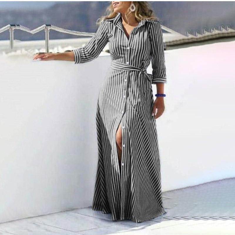 Striped Long Sleeve Pocket Cardigan Belt Oversized Shirt Dress