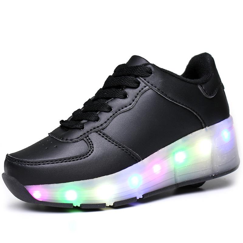 

Shoes black and white low-top LED charging single-wheel flash shoes couple casual leather shoes 2025 trend 35 чёрный