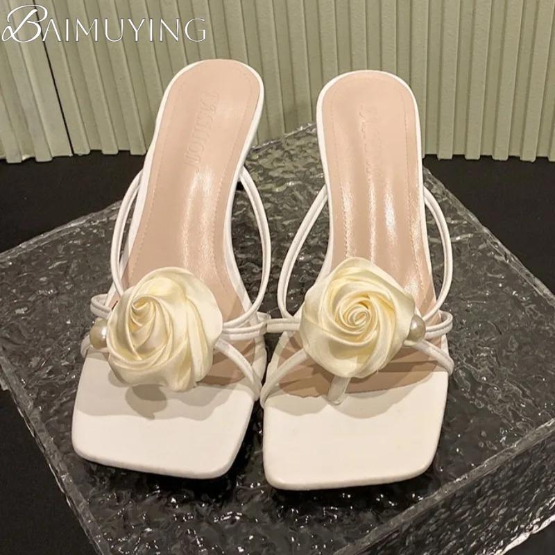 Flower Women High Heels Slippers Pearl Party Sandals Sexy Heeled Shoes 2025 New Elegant Summer Slingback Woman Square Toe Pumps
