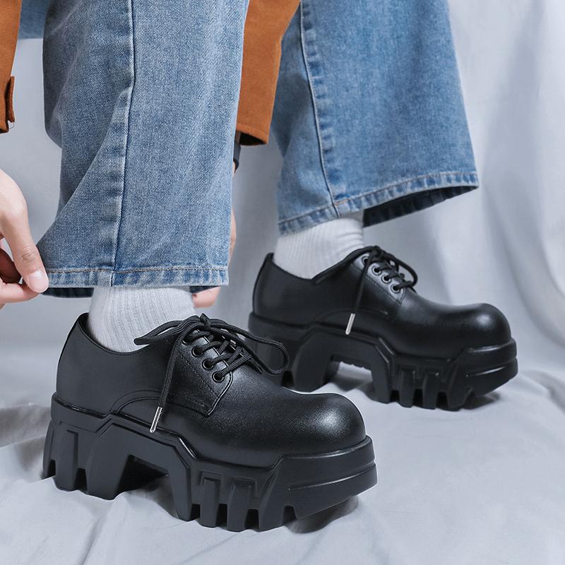 Black trendy thick soled shoes Classic and men's minimalist style Outdoor street Daily lace up Height increasing shoes