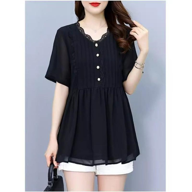 Women Stylish Ruffled Lace Patchwork Elegant Shirt Summer V Neck Short Sleeve Chiffon Blouse Black Loose Chic Tops Casual Blusas