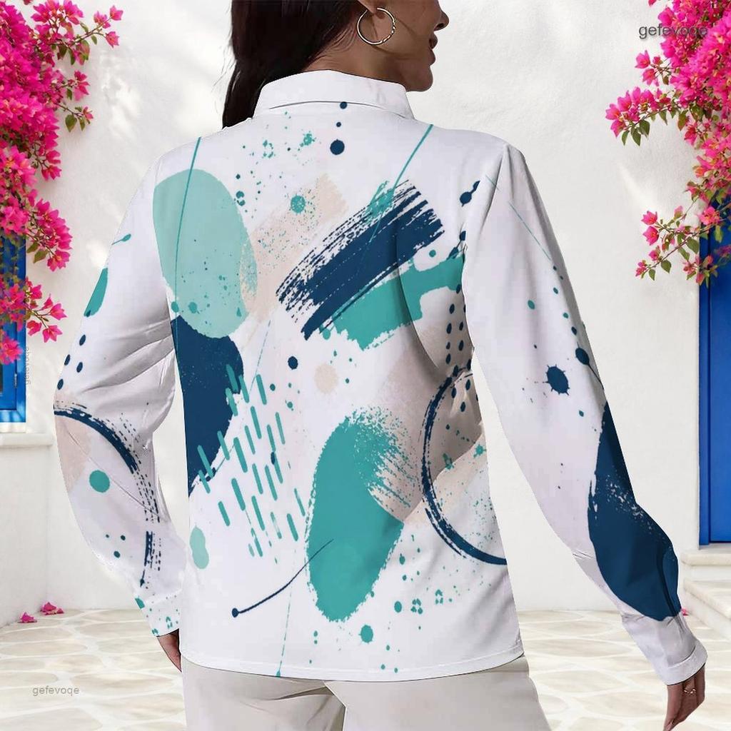 Women Plus Size Long Sleeve Collared Button Front Abstract Geometric Leaf Print Earth Tone Shirt