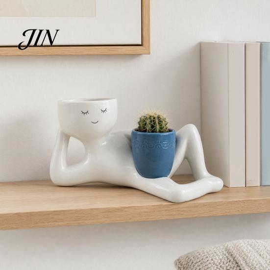 Home Decoration Planter Lazy Guy Planter, Little Character Flowerpot Ornament, Creative Lying Durable Humanoid Double Pot for Succulents Garden Decor
