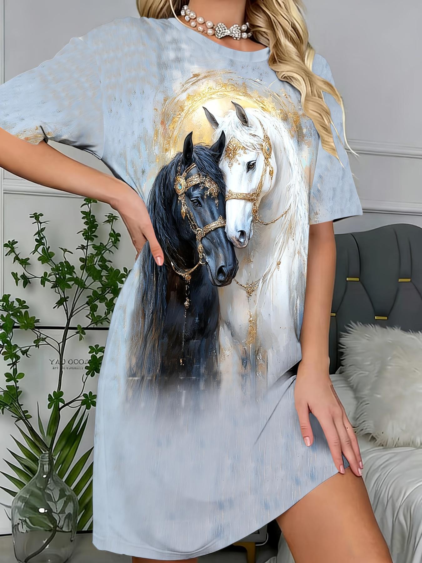 

Women s European and American Style Black and White Horse Print Elegant Casual Sleep Dress. Soft and Breathable Pajamas Suitable for All Seasons. Shor XL дубильная кора