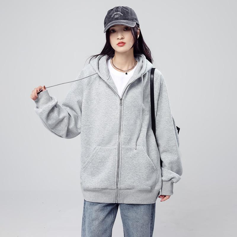 Black hooded sweater jacket women's autumn and winter classic basic heavy fleece thickened casual loose versatile top