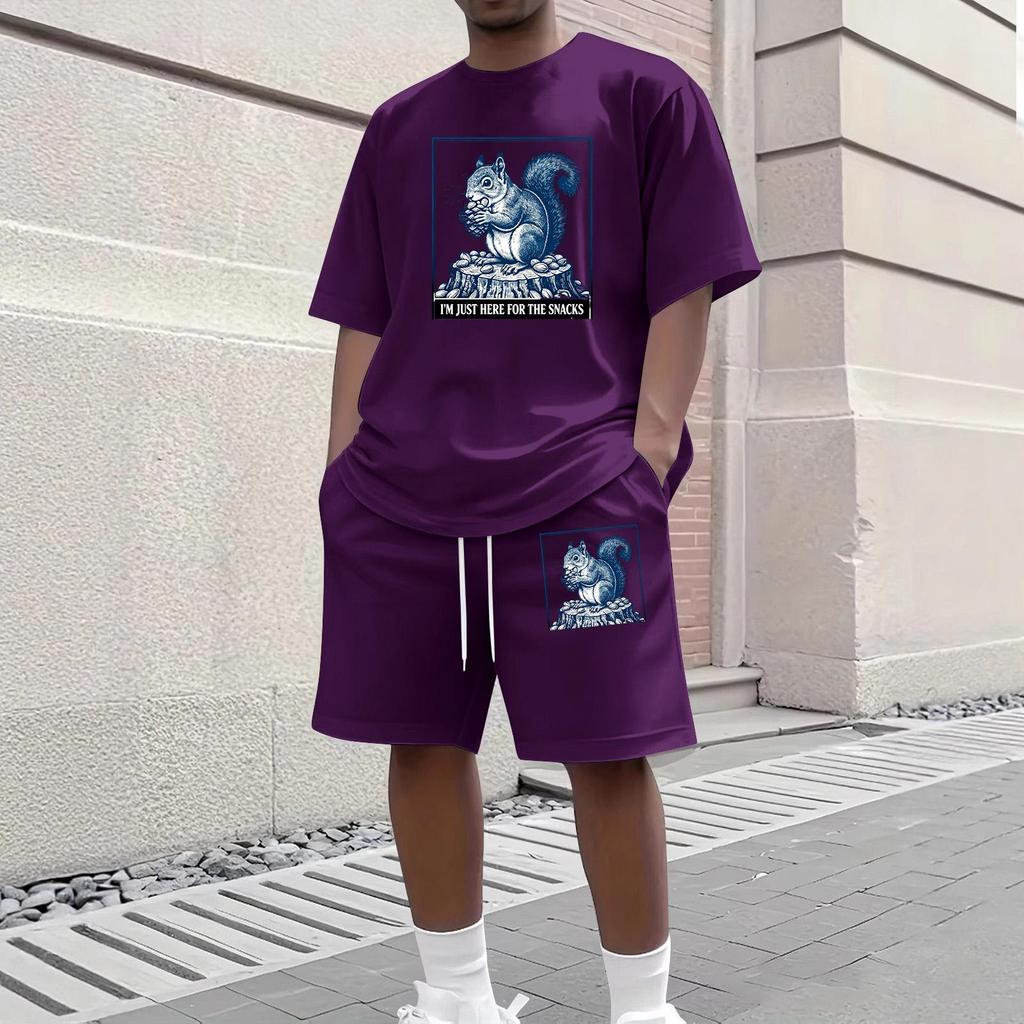 Men Casual Two Piece Set Short Sleeve Crew Neck Top and Shorts with Animal Print Graphic Loose Fit Summer Daily Wear