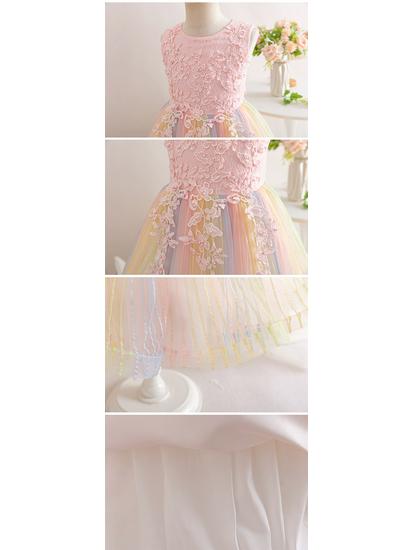 Regnbågsnät Ärmlös Födelsedagsprinsessklänning för Flickor med Pärlor