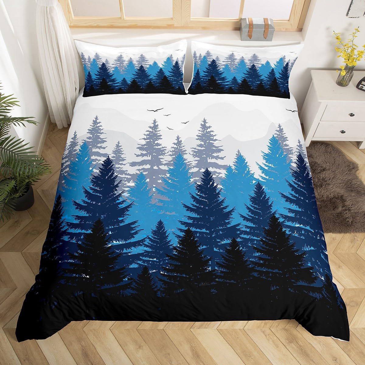

Smoky Mountain Duvet Cover Pineforest Quilt Cover Twin King Woodland Tree Natural Scenery Bedding Set For Boys Girls Rustic Room EU Single(135x200cm)