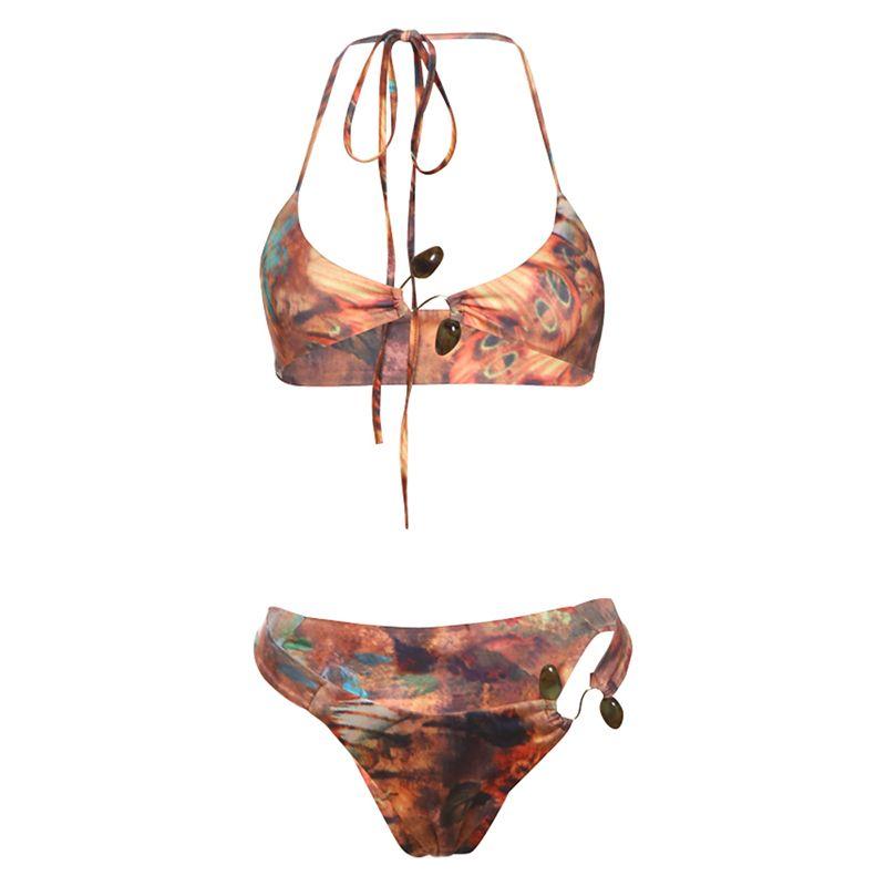 

# Sisjuly# Tropical Watercolor Fire Cloud S-Type Metal Pearl Buckle Halter Spaghetti Straps Bikini Swimsuit Suit Female Brown S