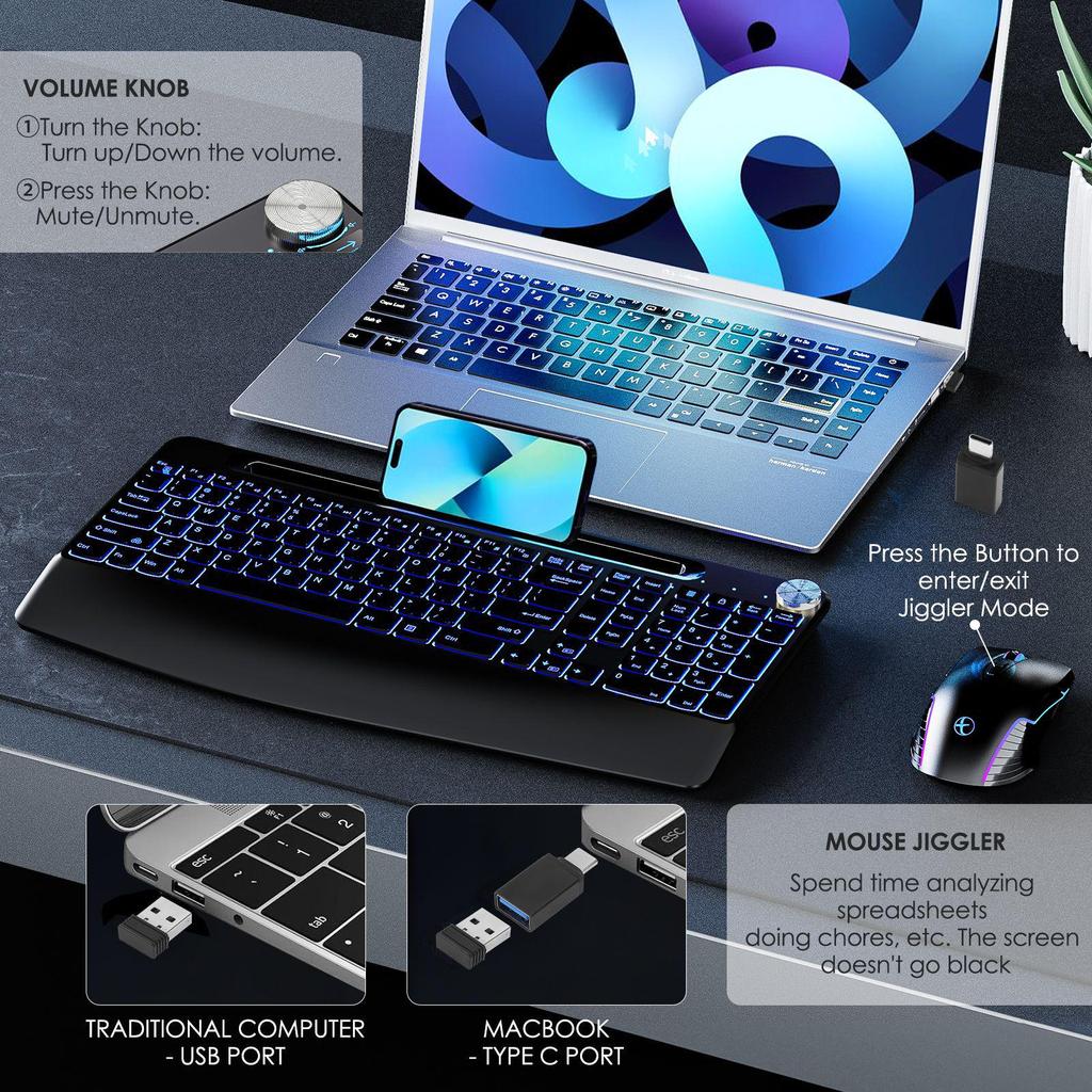 2.4G RGB Wireless Ergonomic Keyboard & Mouse Set with 7-Color Backlit and Anti-Sleep Jitter