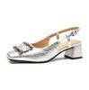 55102 high heels women's thick heel 2025 new square head empty sandals temperament medium heel rhinestone square buckle shoes